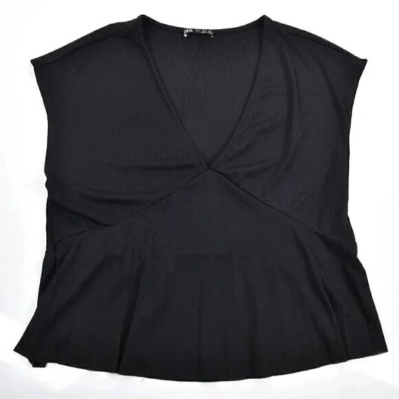 Zara Black Pleated V Neck Short Sleeve Top Size Small - Picture 3 of 6